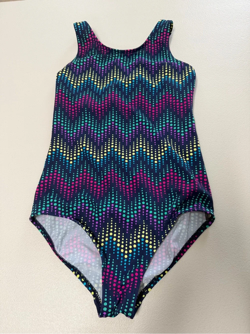 Lands' End size 10 Navy One-Piece Swimsuit with Multicolor Dot Zigzag Print